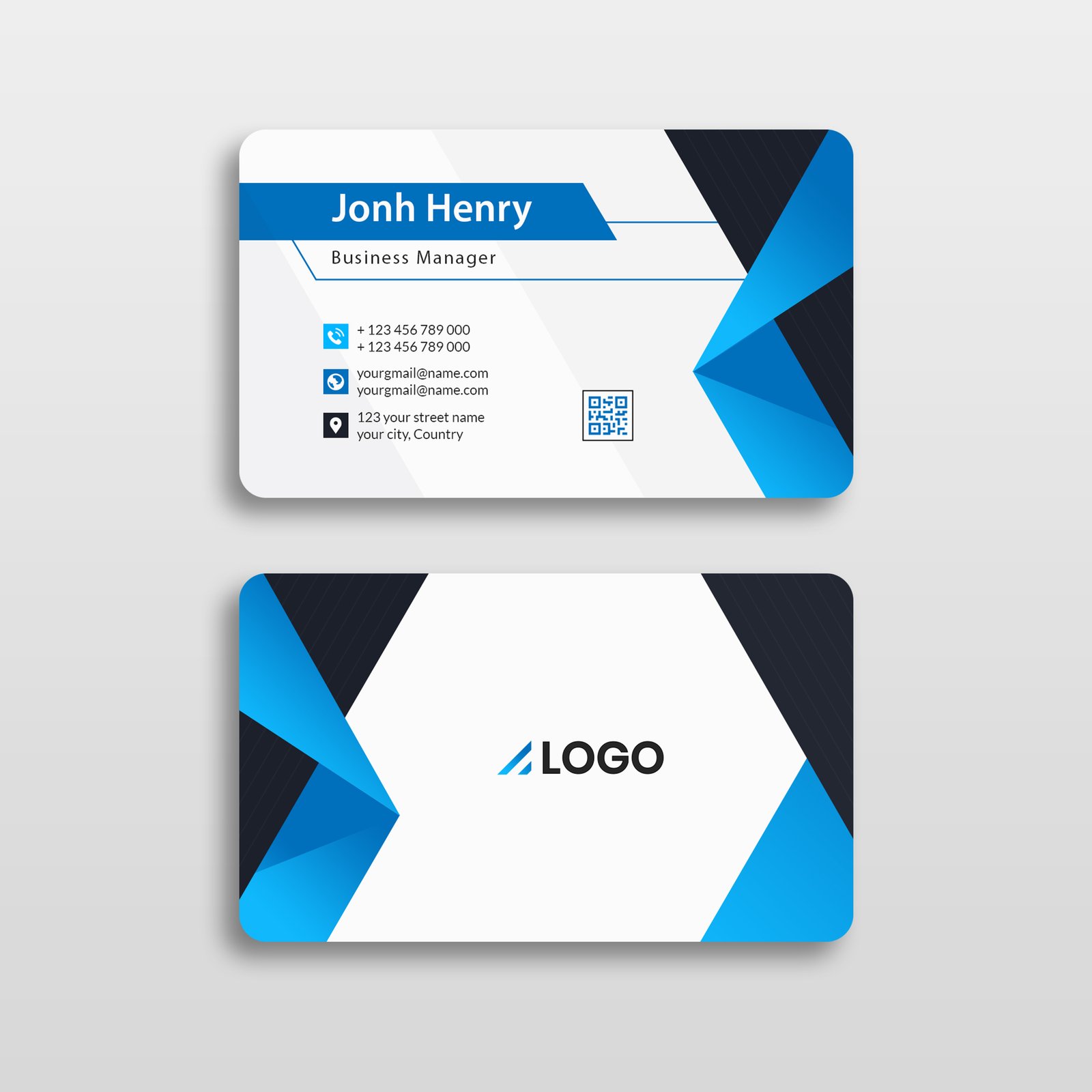 Front and back of a card in white, blue and charcoal angular panels, with contact icons, a QR code and a centred logo.
