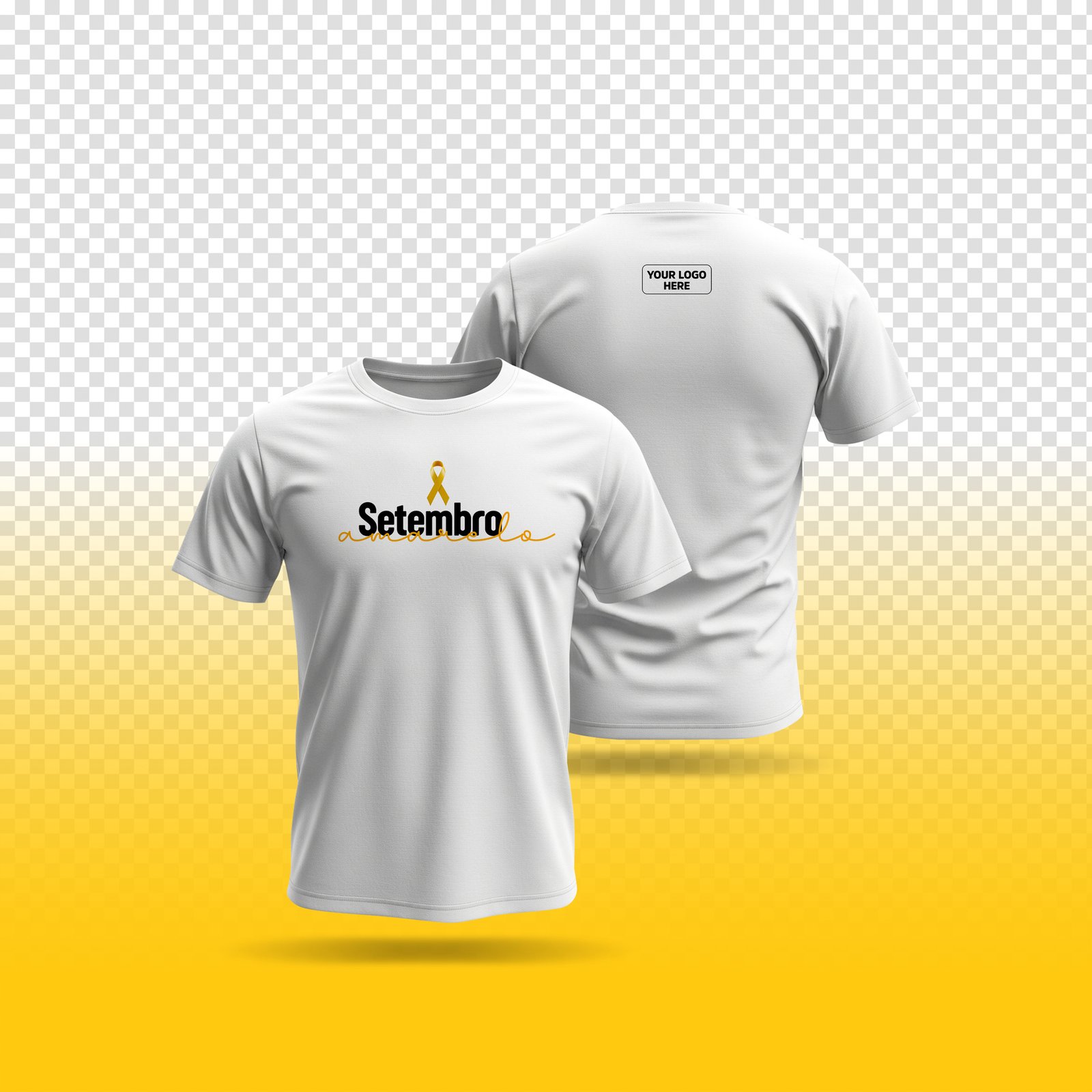 Front and back of a white tee on a yellow backdrop, a gold awareness ribbon and black and gold script lettering across the chest.