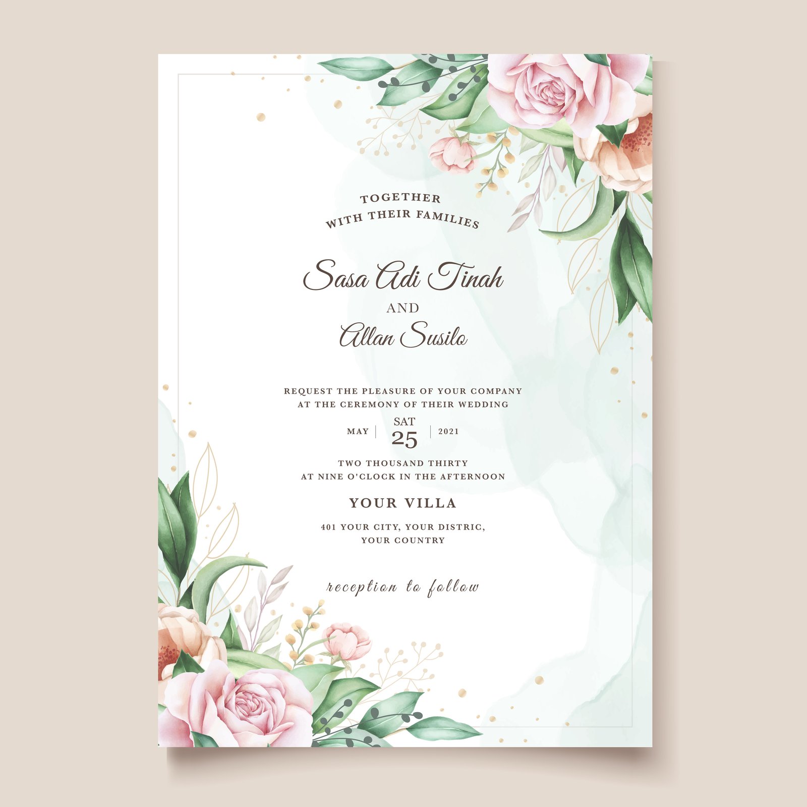 Watercolour invitation with blush roses and peach peonies framing two corners, serif and script lettering on a pale green wash.